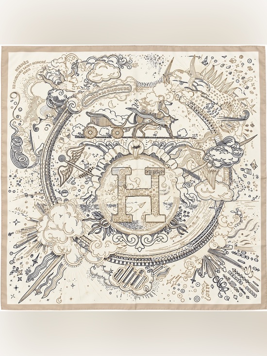Accessories - Hermes Black Gold Ivory Horse Carriage Celestial Print Square Silk Scarf 35x35